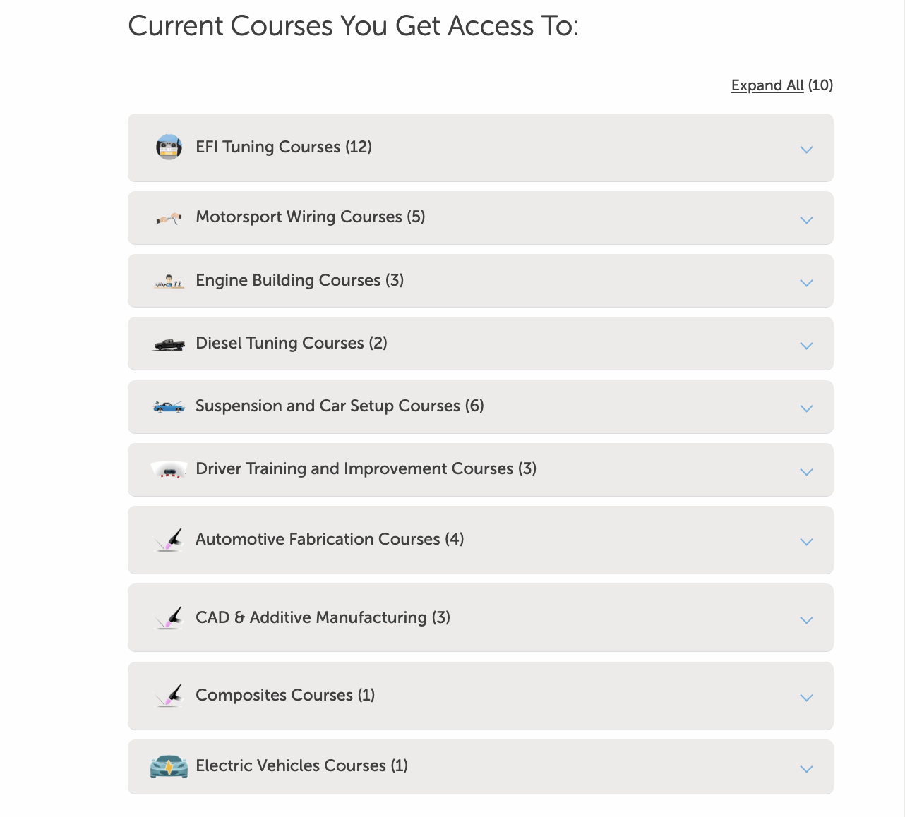 Collapsible curriculum browser listing course categories with counts, such as EFI Tuning Courses (12) and Motorsport Wiring Courses (5), with an Expand All control