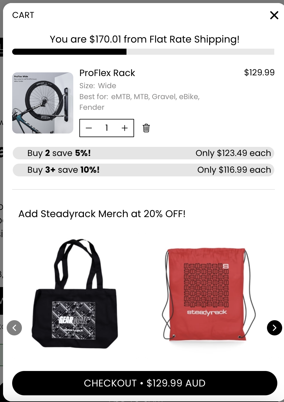 Cart drawer showing a free shipping progress bar, quantity discount tiers on the line item, and a branded merch upsell carousel