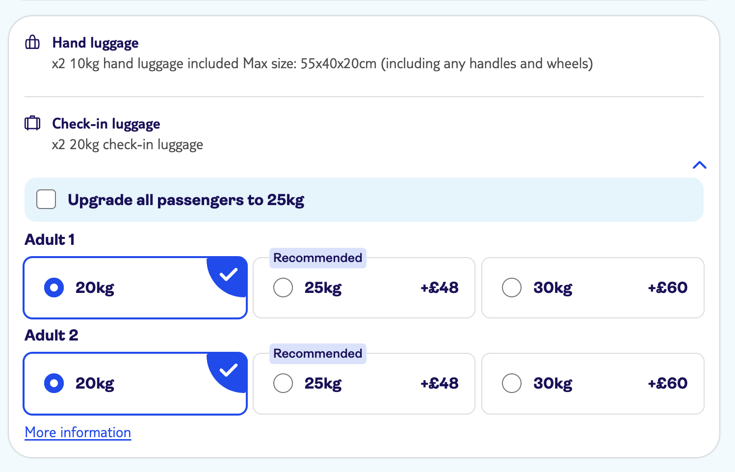 Baggage selection step showing the bulk 'Upgrade all passengers to 25kg' checkbox above individual per-passenger weight selectors